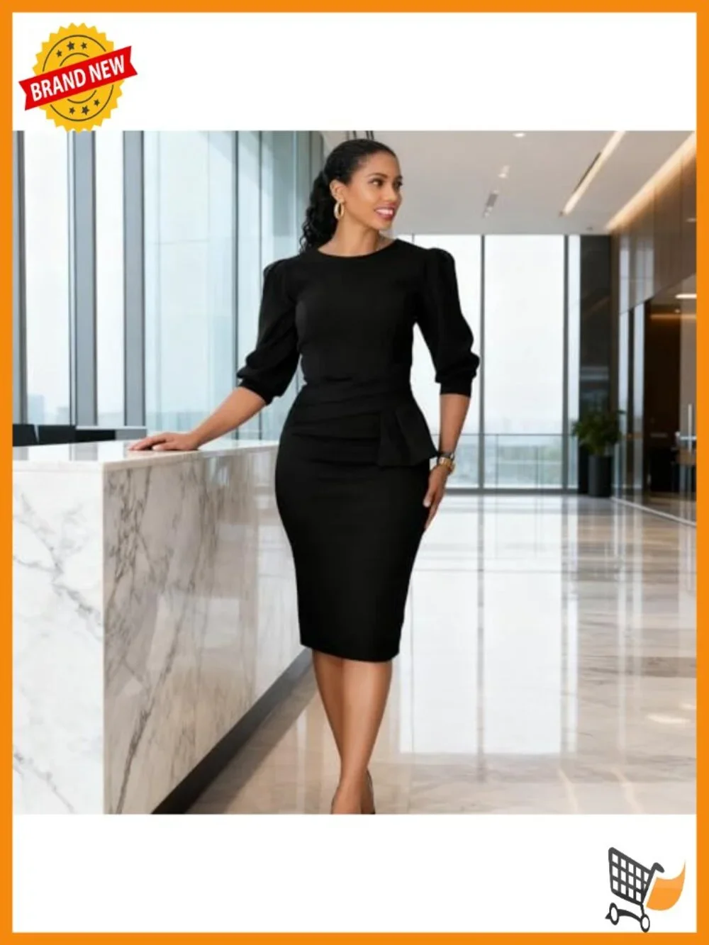 Midi Pencil Dress with 3/4 Sleeves, Hidden Zipper, Self Tie Waist - Picture 2 of 6